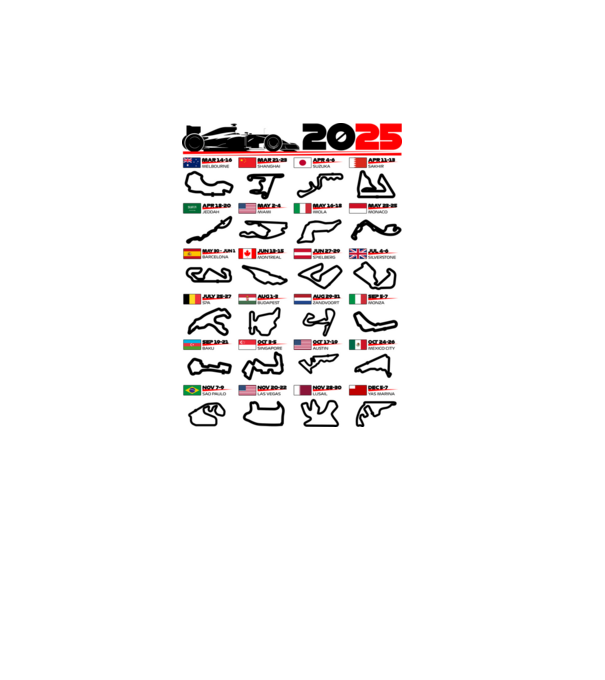 F1 calendar 2025 model alb pe tricou