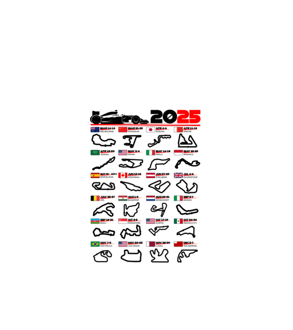 F1 calendar 2025 model alb pe tricou