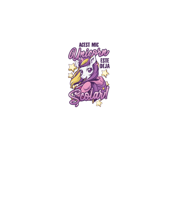 Acest mic unicorn este deja școlar model alb pe tricou