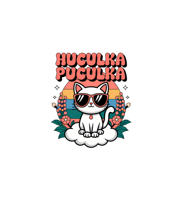 Huculka Puculka pisică 1 model alb pe tricou