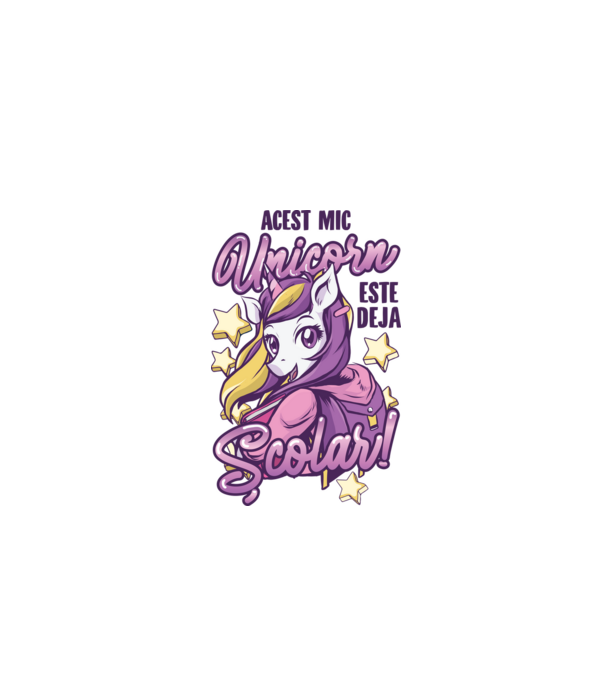 Acest mic unicorn este deja școlar model alb pe tricou