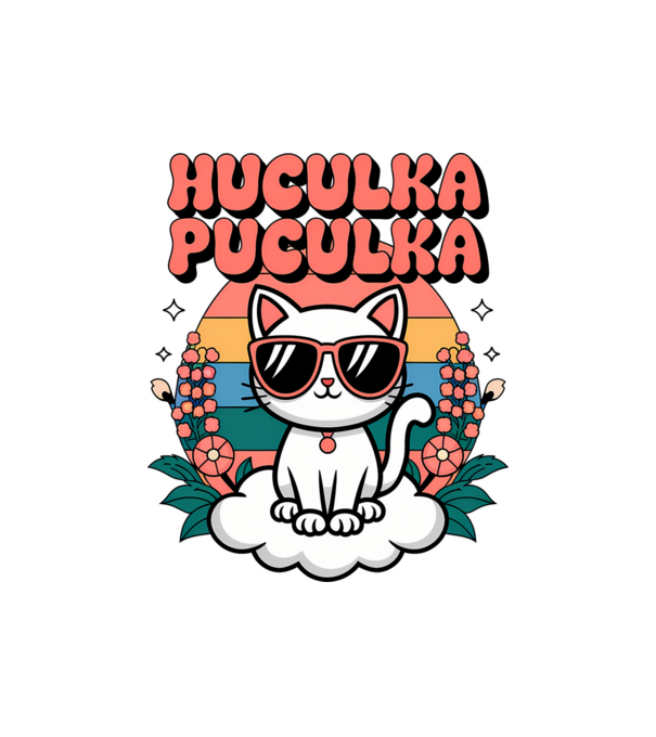 Huculka Puculka pisică 1 model alb pe tricou