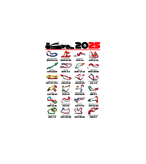 F1 calendar 2025 Alb model alb pe tricou