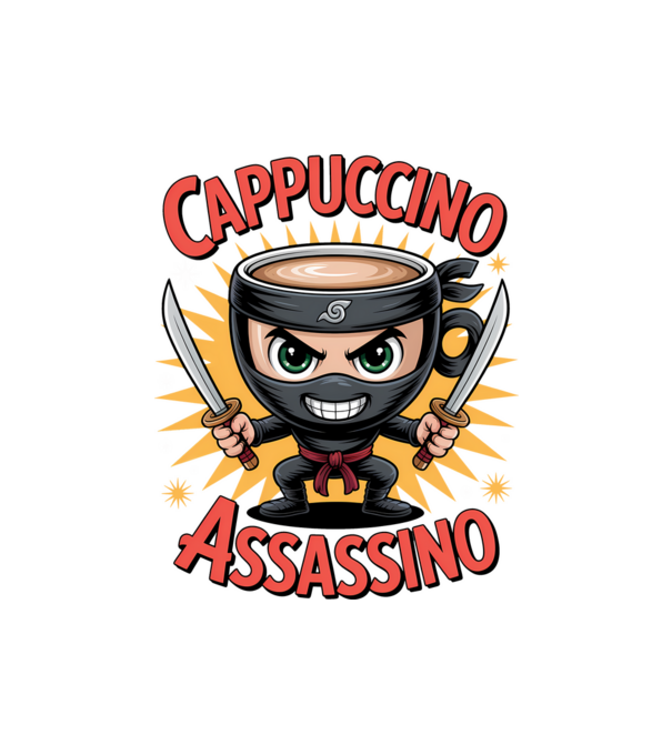Cappuccino Assasino model negru pe tricou