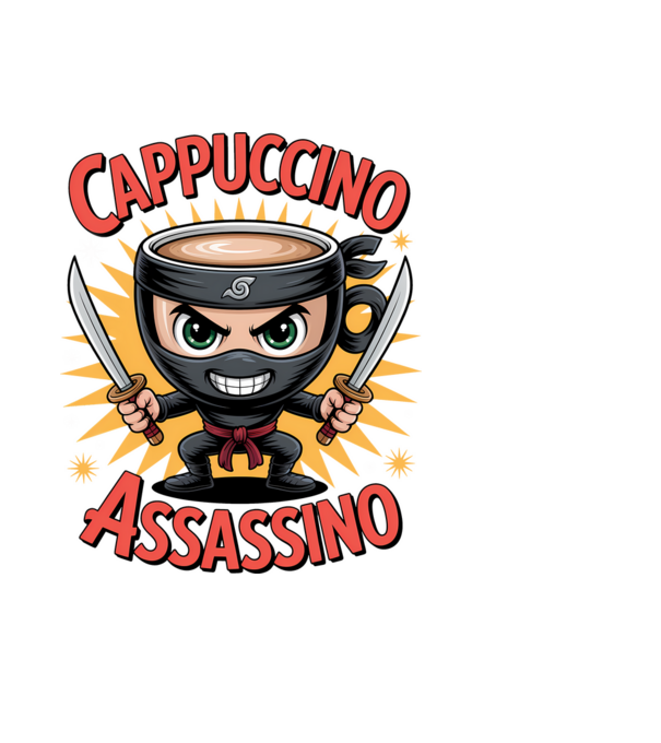 Cappuccino Assasino model negru pe tricou
