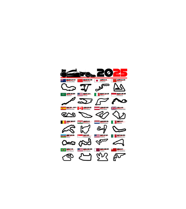 F1 calendar 2025 model alb pe tricou
