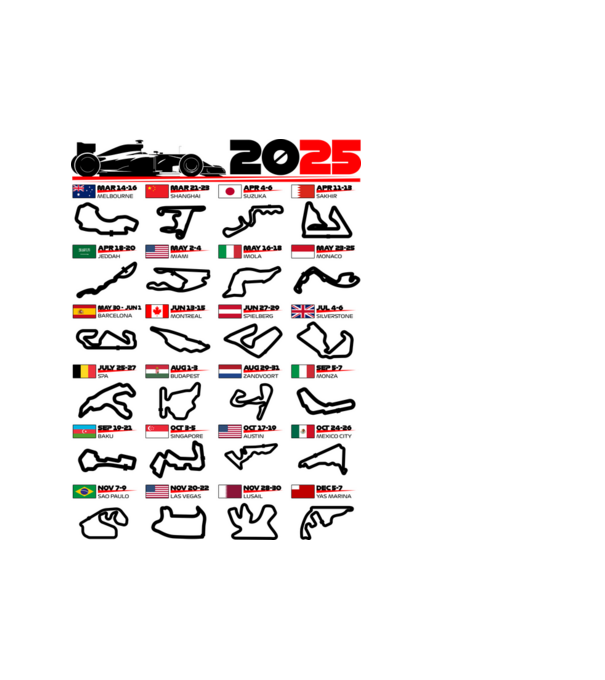 F1 calendar 2025 model alb pe tricou