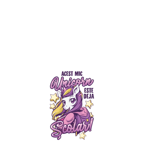 Acest mic unicorn este deja școlar model alb pe tricou