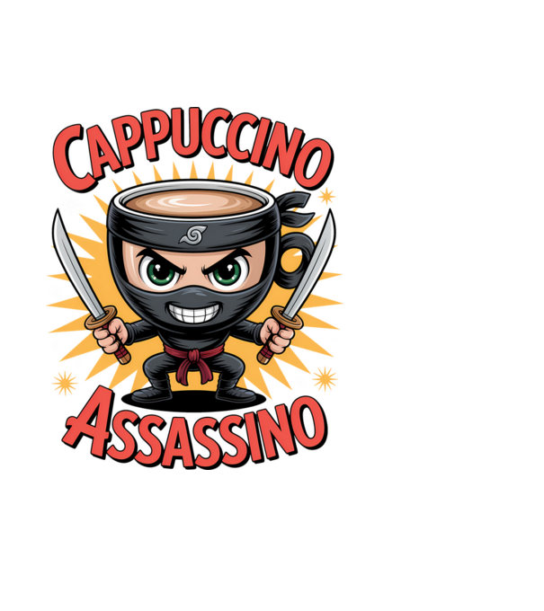 Cappuccino Assasino model negru pe tricou