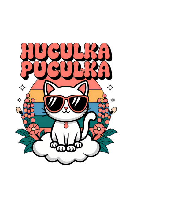 Huculka Puculka pisică 1 model alb pe tricou