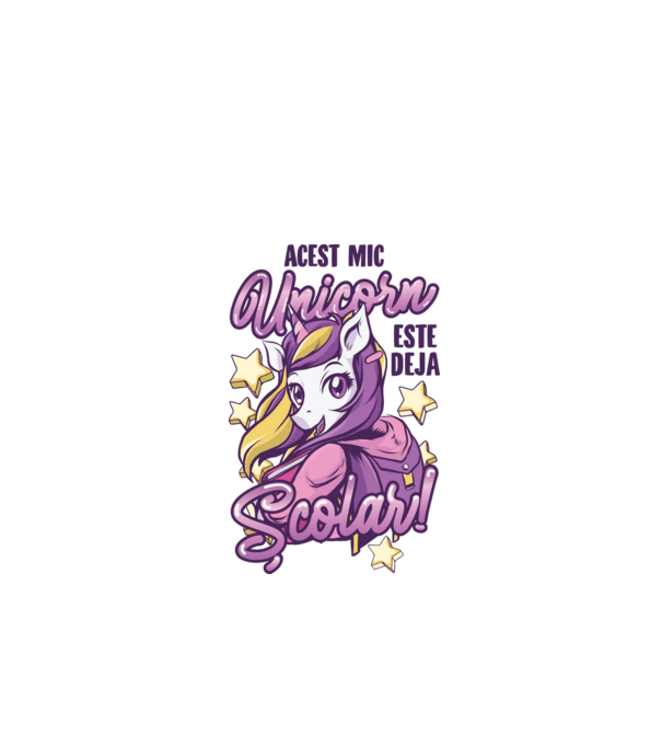 Acest mic unicorn este deja școlar model alb pe tricou