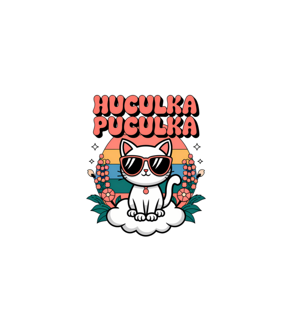 Huculka Puculka pisică 1 model alb pe tricou