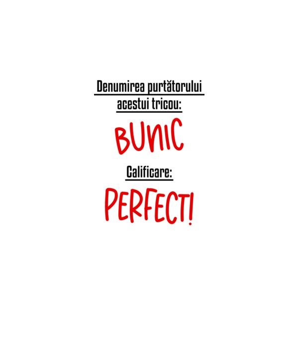 Denumirea purtătorului acestui tricou: bunic! Calificare: Perfect! model alb pe tricou