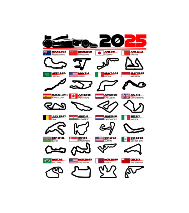 F1 calendar 2025 model alb pe tricou