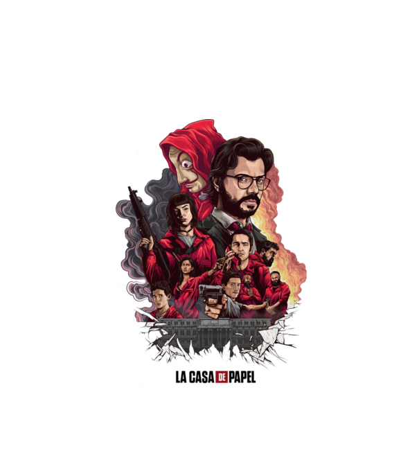 la casa de papel poster theme model alb pe tricou