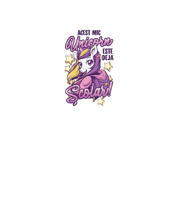 Acest mic unicorn este deja școlar model alb pe tricou