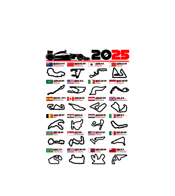 F1 calendar 2025 model alb pe tricou