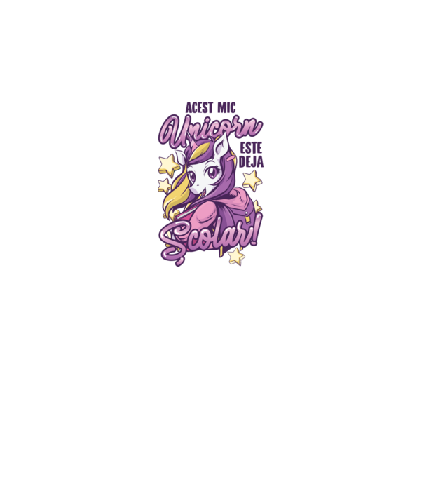 Acest mic unicorn este deja școlar model alb pe tricou