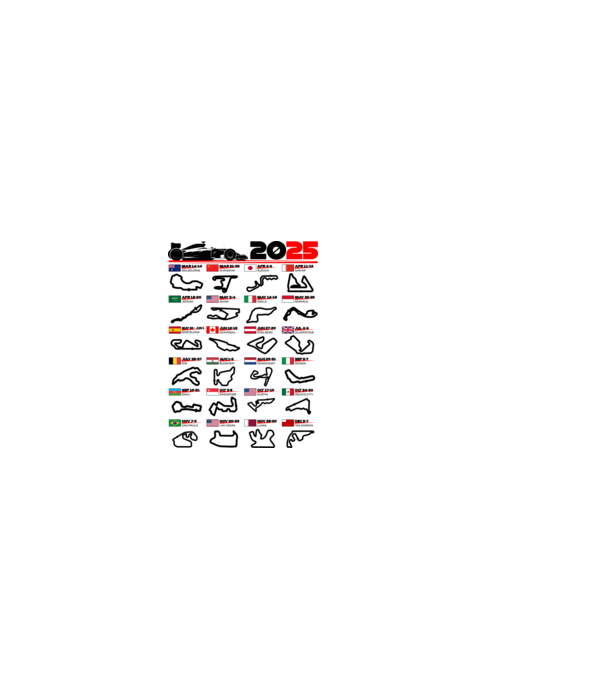 F1 calendar 2025 model alb pe tricou