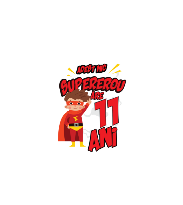 Acest mic supererou are 11 ani model negru pe tricou