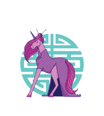 Qipao unicorn model alb pe tricou