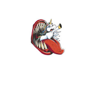 În gura monstrului Unicorn model negru pe tricou