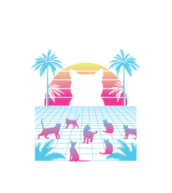 Pisică Vaporwave neon model alb pe tricou