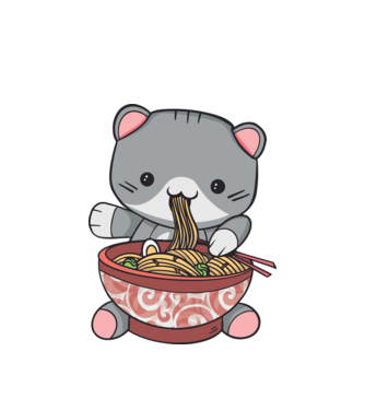 Pisică Kawaii Ramen model alb pe tricou