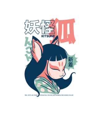 Kitsune Yokai Anime model alb pe tricou