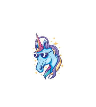 Unicorn strălucitor cu căști model albastru închis pe tricou