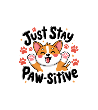 Just Stay Paw-sitive Alb model nisipiu pe tricou