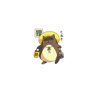 Tanuki Yokai model albastru jeanși pe tricou