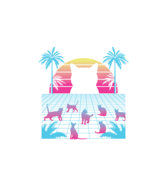 Pisică Vaporwave neon model alb pe tricou