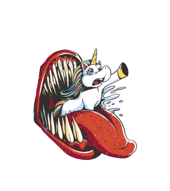 În gura monstrului Unicorn model alb pe tricou