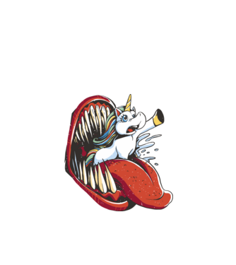 În gura monstrului Unicorn model negru pe tricou