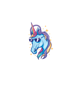 Unicorn strălucitor cu căști model albastru închis pe tricou