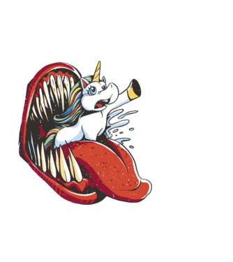 În gura monstrului Unicorn model negru pe tricou