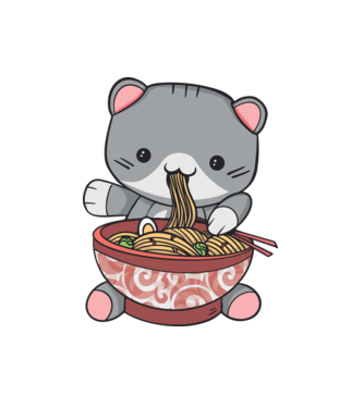 Pisică Kawaii Ramen model alb pe tricou