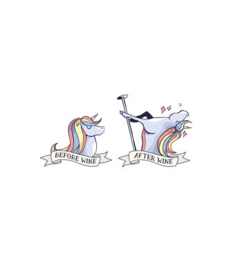 Înainte și după vin Unicorns model alb/roșu pe tricou