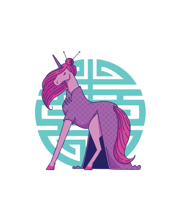 Qipao unicorn model alb pe tricou
