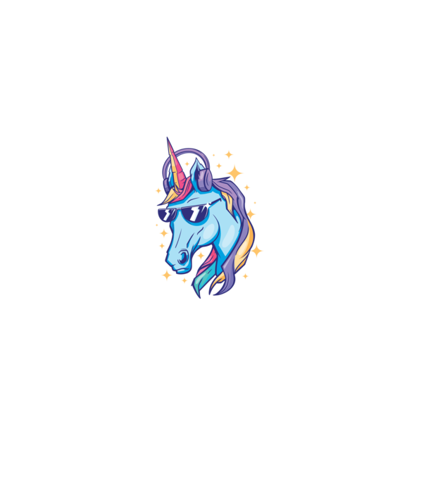 Unicorn strălucitor cu căști model albastru închis pe tricou