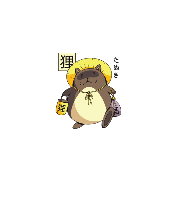 Tanuki Yokai model roșu pe tricou