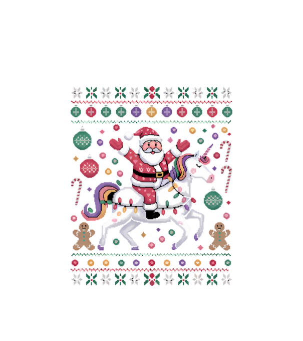 Moș Crăciun pe un pulover urât unicorn model alb pe tricou