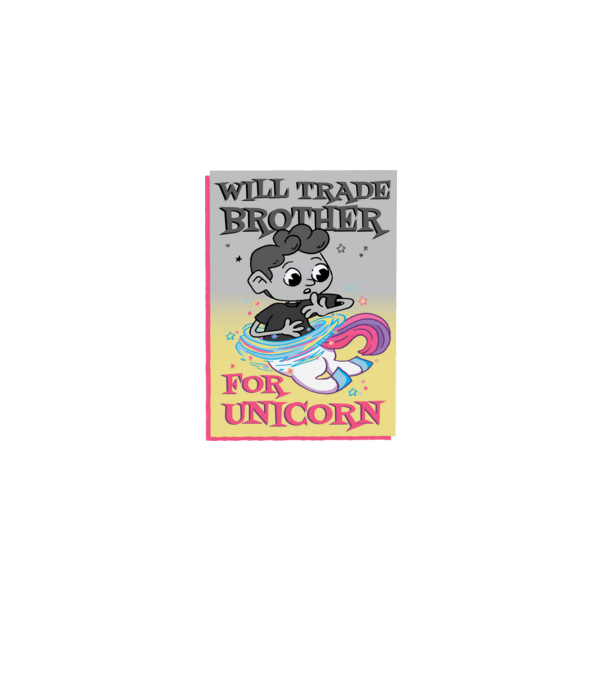 Îl ofer la schimb pe fratele meu pentru un unicorn model mov pe tricou