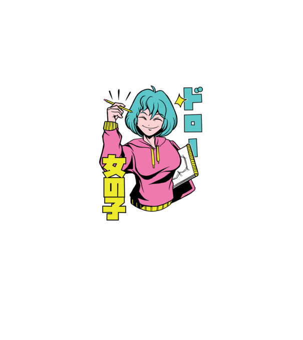 Anime fată desenând model mov pe tricou