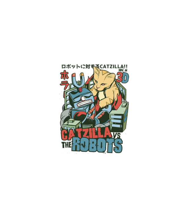 Catzilla Vs Robots model alb pe tricou