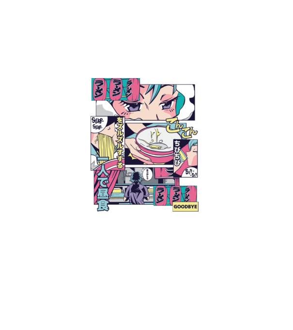 Anime Vaporwave Ramen model albastru închis pe tricou
