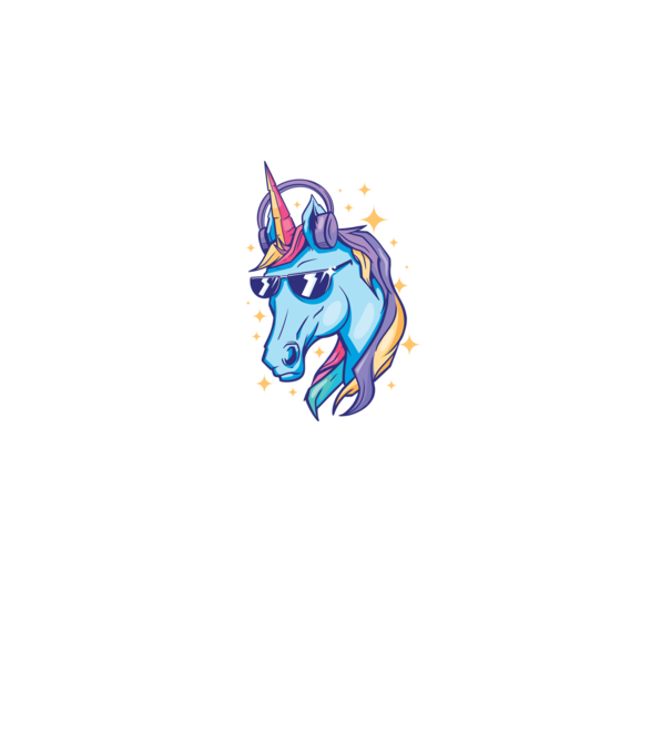 Unicorn strălucitor cu căști model negru pe tricou