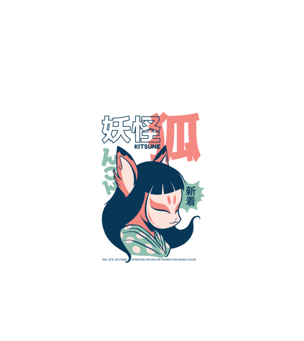 Kitsune Yokai Anime model alb pe tricou