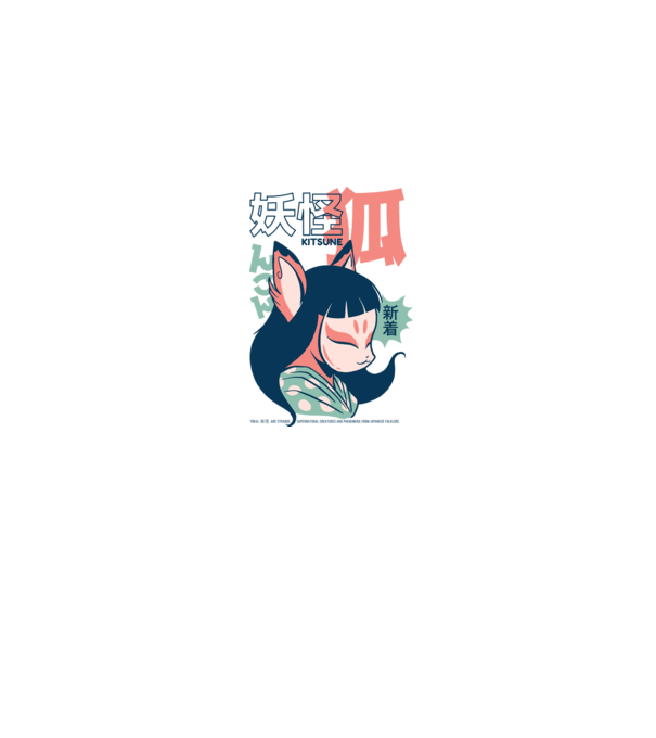 Kitsune Yokai Anime model gri pe tricou